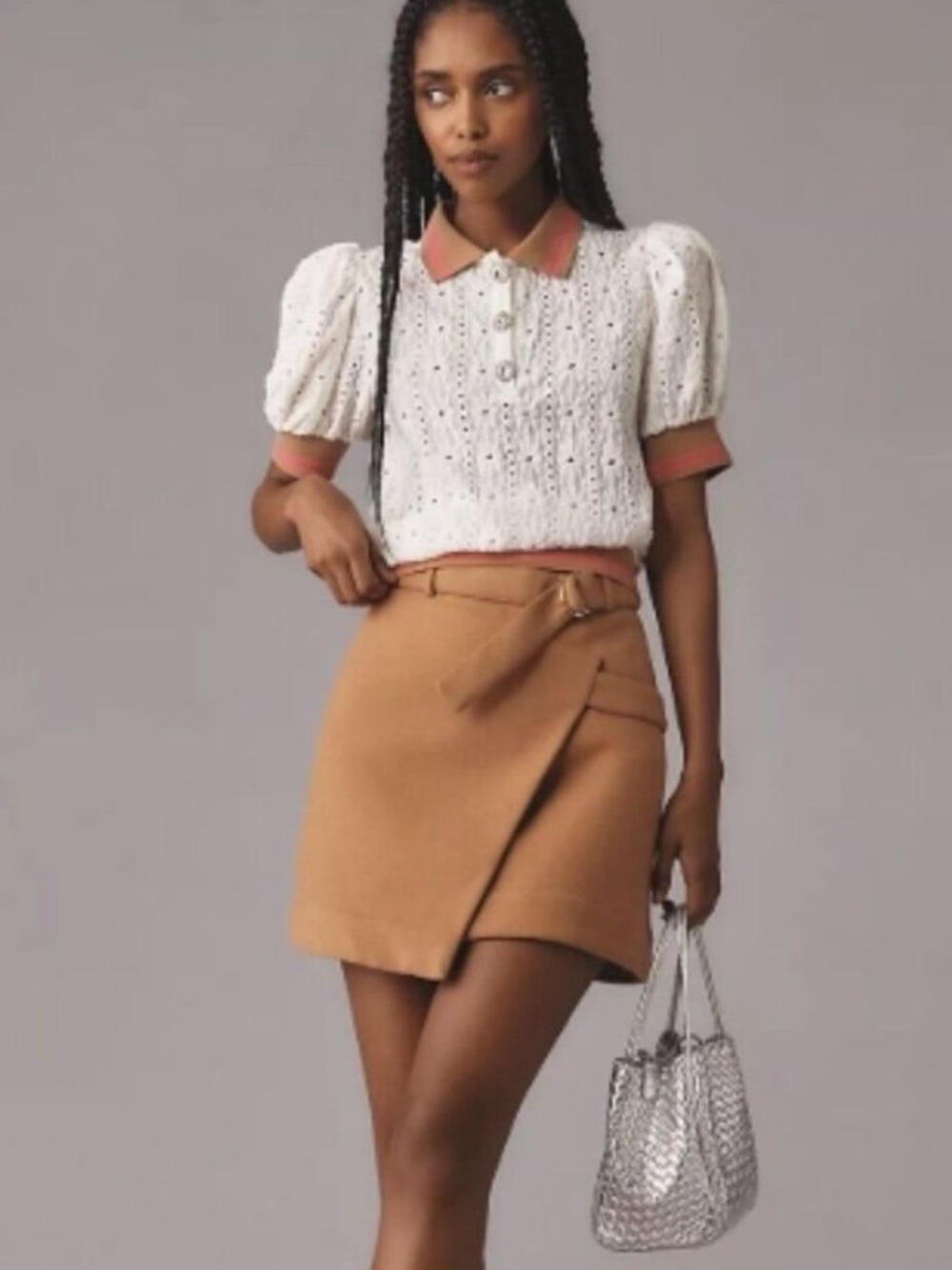 Anthro Maeve Eyelet Puff Sleeve Polo Top Sz L w MEASUREMENTS Rhinestone Buttons